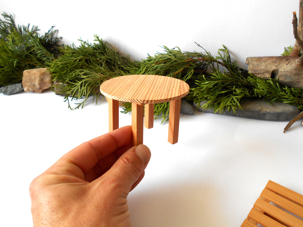 Handmade rustic round pine miniature table, 3.5" diameter, 1/12 scale. Ideal for dollhouses & fairy gardens. Eco-friendly, made in Bulgaria by ExiArts.
