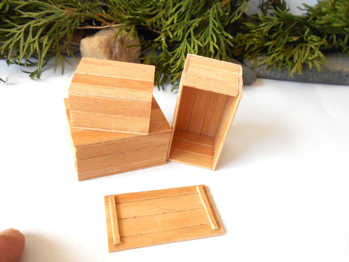 Three miniature light wood boxes, including one open box, one stacked box set, and one flat base, displayed on a white surface with green foliage in the background.