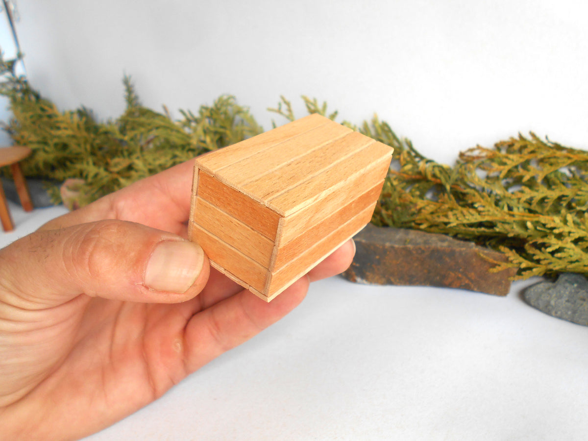 A hand holding a small rectangular wooden box with a herringbone pattern, set against a white background with blurred green foliage.