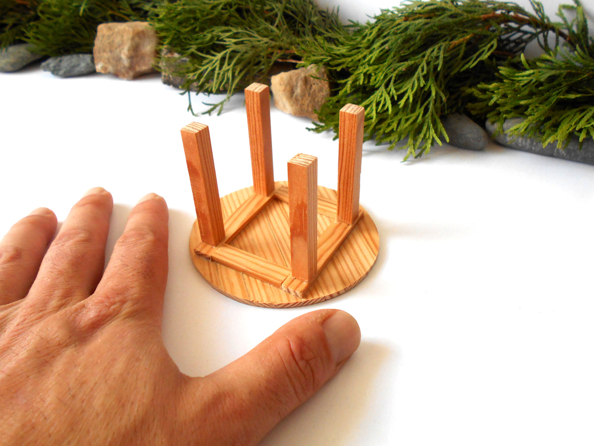 Handmade rustic round pine miniature table, 3.5" diameter, 1/12 scale. Ideal for dollhouses & fairy gardens. Eco-friendly, made in Bulgaria by ExiArts.
