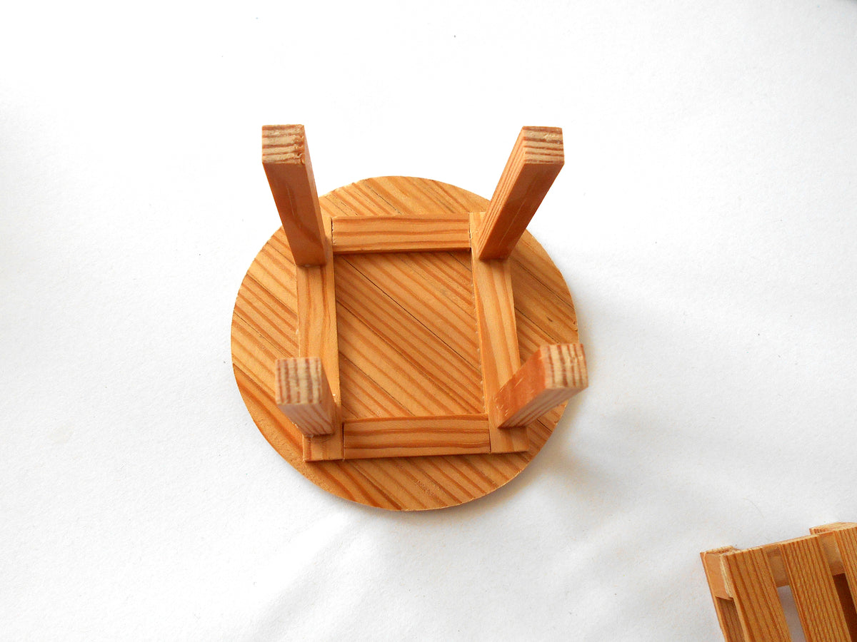 Handmade rustic round pine miniature table, 3.5" diameter, 1/12 scale. Ideal for dollhouses & fairy gardens. Eco-friendly, made in Bulgaria by ExiArts.