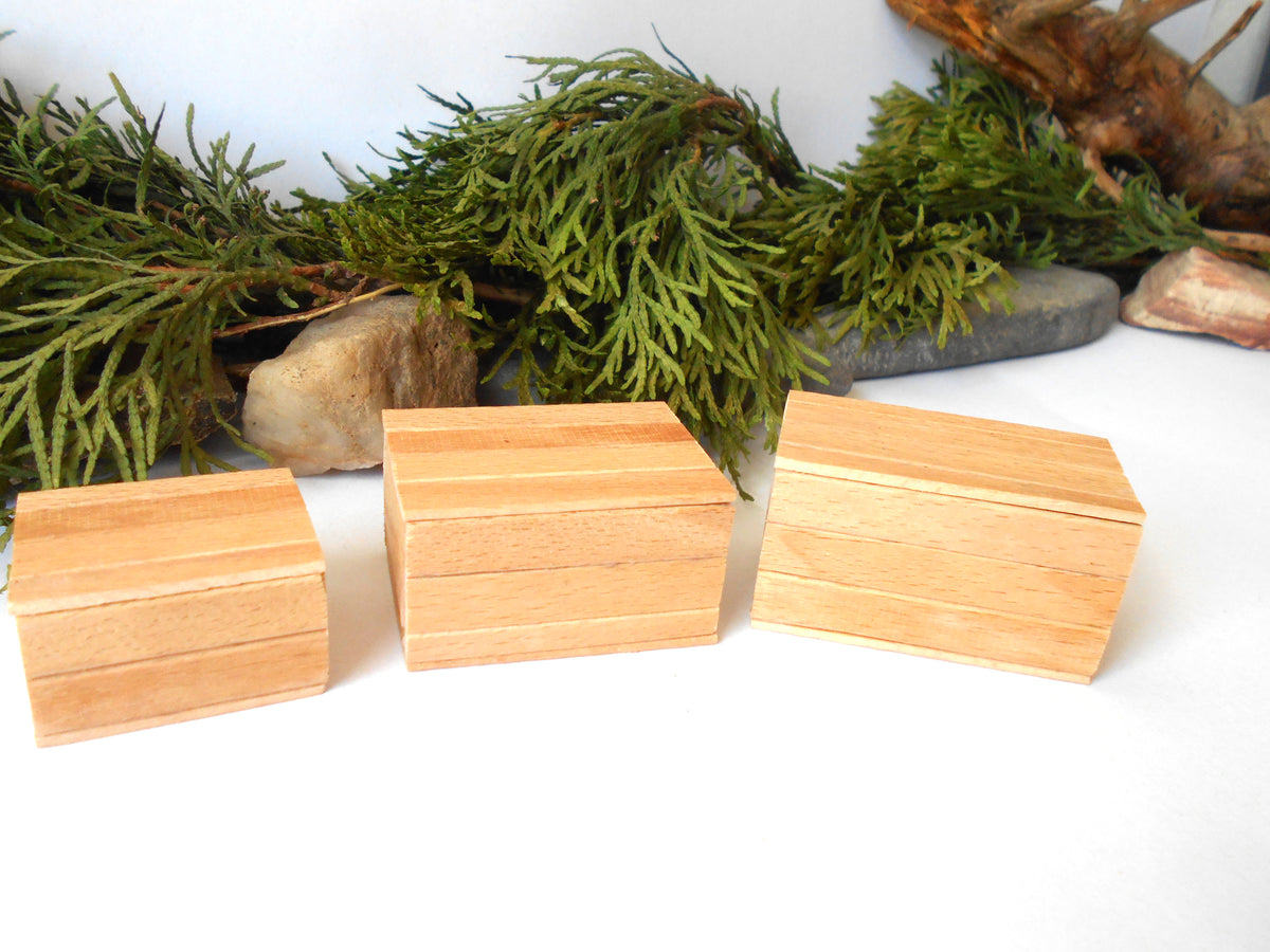 Three small rectangular wooden boxes of different sizes arranged in a row on a white surface, with green pine branches and rocks in the background.
