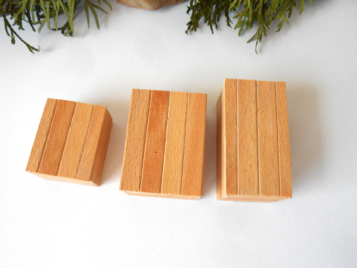 Three small rectangular wooden blocks with vertical grooves, shown in ascending sizes on a white background with green foliage at the top.