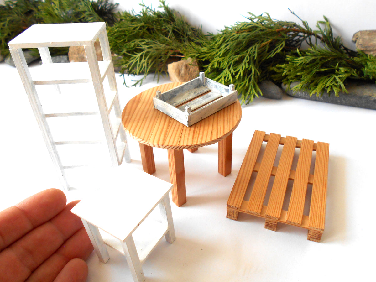 Handmade rustic round pine miniature table, 3.5" diameter, 1/12 scale. Ideal for dollhouses & fairy gardens. Eco-friendly, made in Bulgaria by ExiArts.