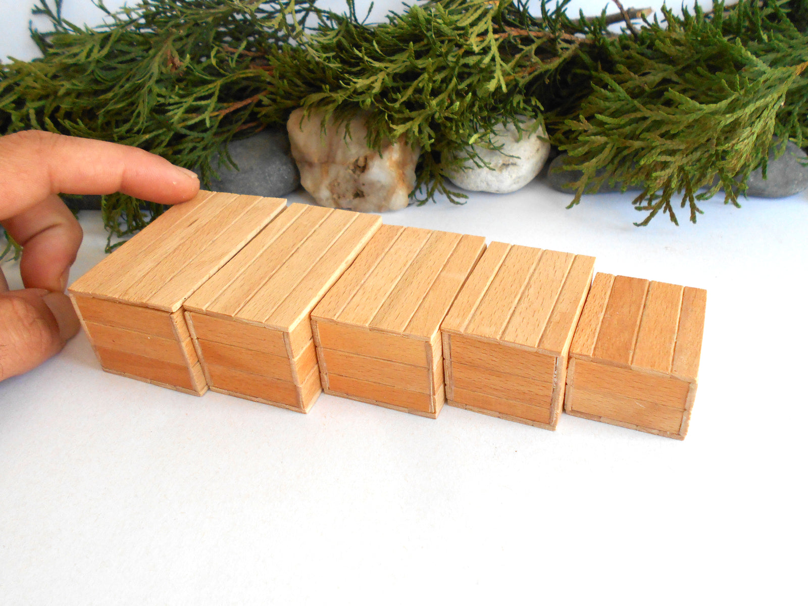 A hand holding a set of small rectangular wooden miniature boxes or tiles on a white surface, with green foliage and small stones in the background.