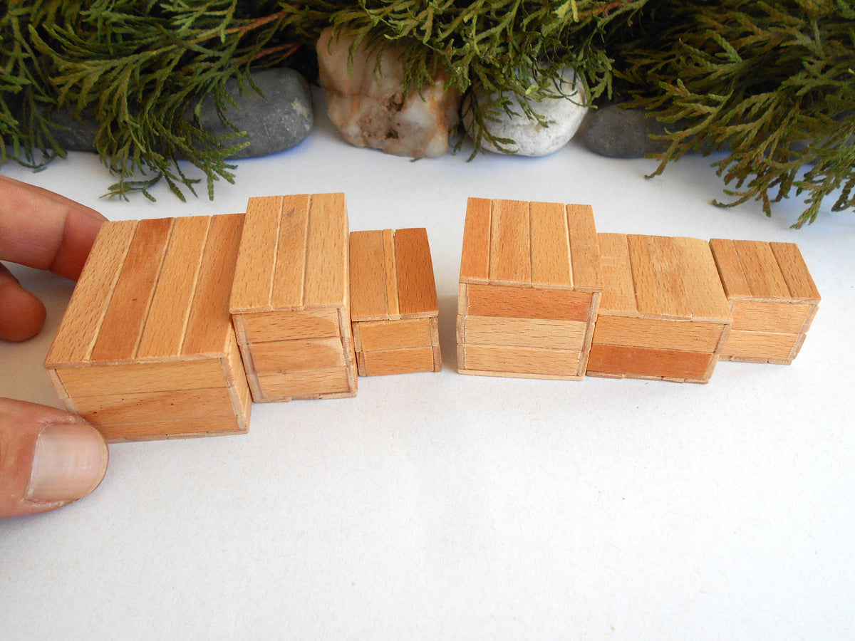 1:12 scale miniature keepsake boxes set of 6 - dollhouse miniature crates with lids - rustic / unfinished miniature wooden crates-  Set Number 34
