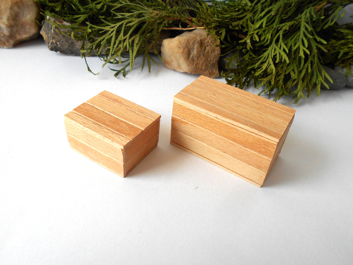 Two small rectangular wooden boxes with a natural light oak finish, displayed on a white surface with green foliage and rocks in the background.