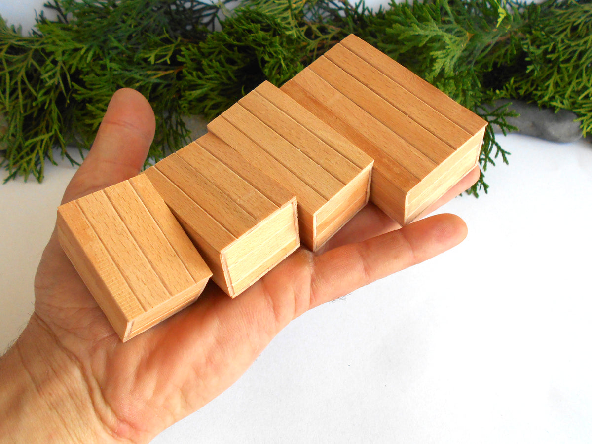 Four small rectangular wooden blocks with grooved slots on top, held in a person's hand against a white background with green foliage at the top.