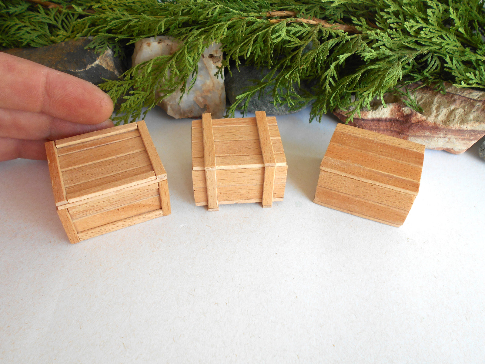 Three miniature light wood boxes of different shapes and sizes displayed on a white surface, with a hand holding one box on the left and green foliage in the background.