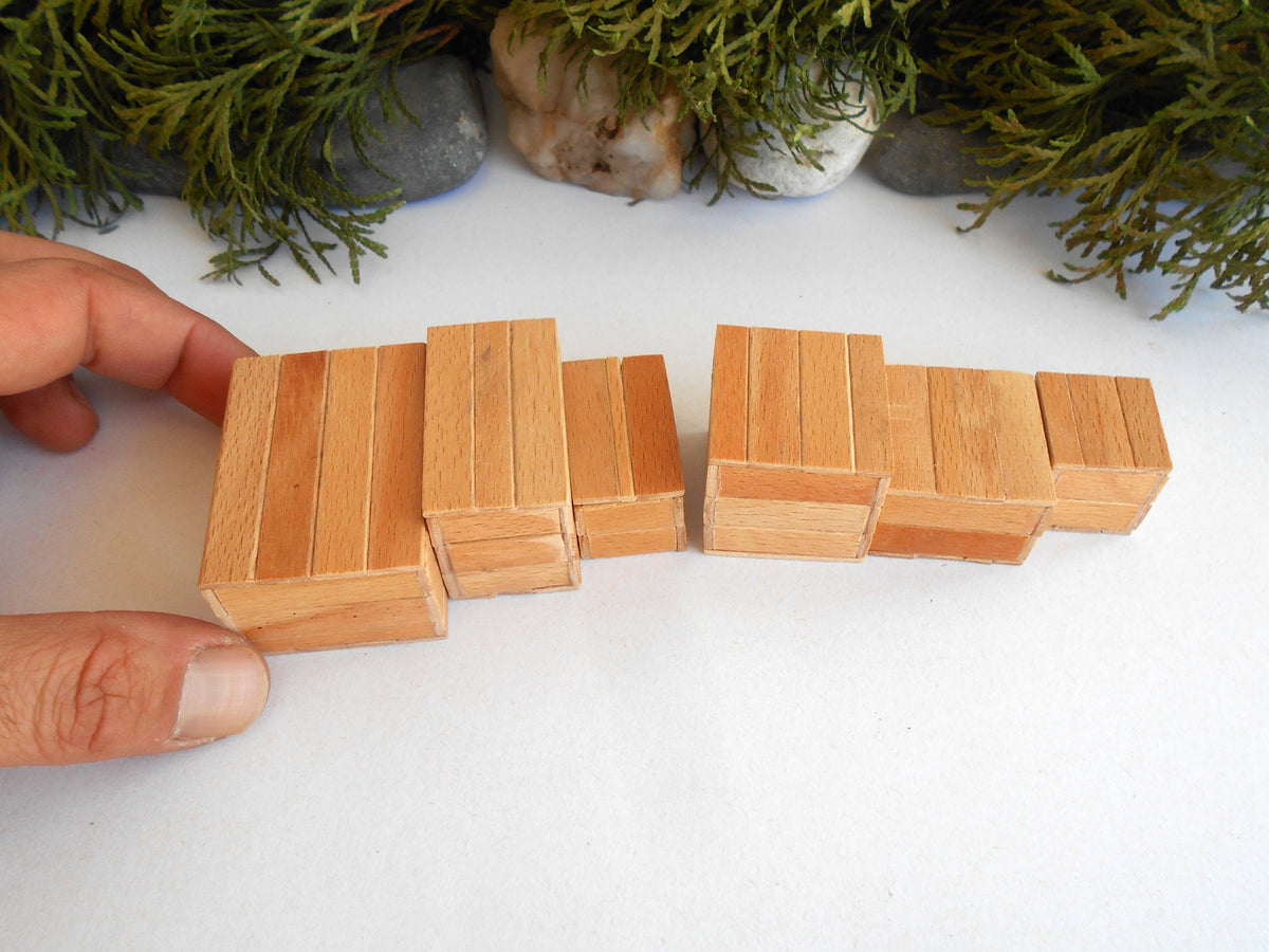 1:12 scale miniature keepsake boxes set of 6 - dollhouse miniature crates with lids - rustic / unfinished miniature wooden crates-  Set Number 34