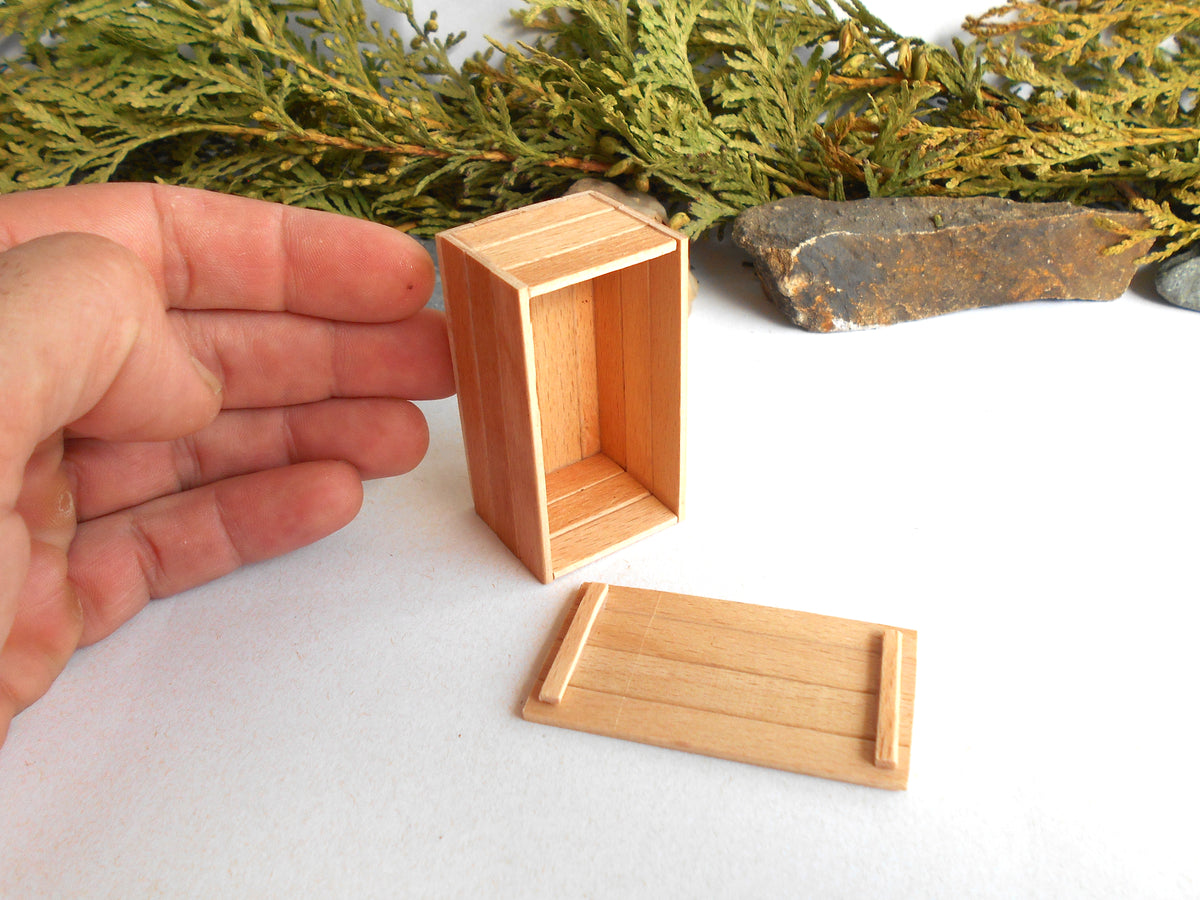 A miniature wooden box and lid set, shown with a human hand for scale on a white surface with green foliage in the background.