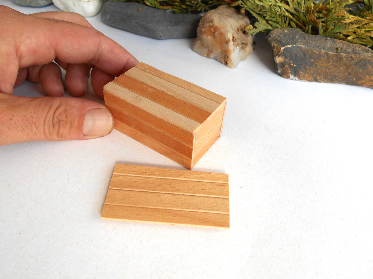 A hand holding a small rectangular wooden block with light and medium wood stripes, next to another matching wooden piece on a white surface.
