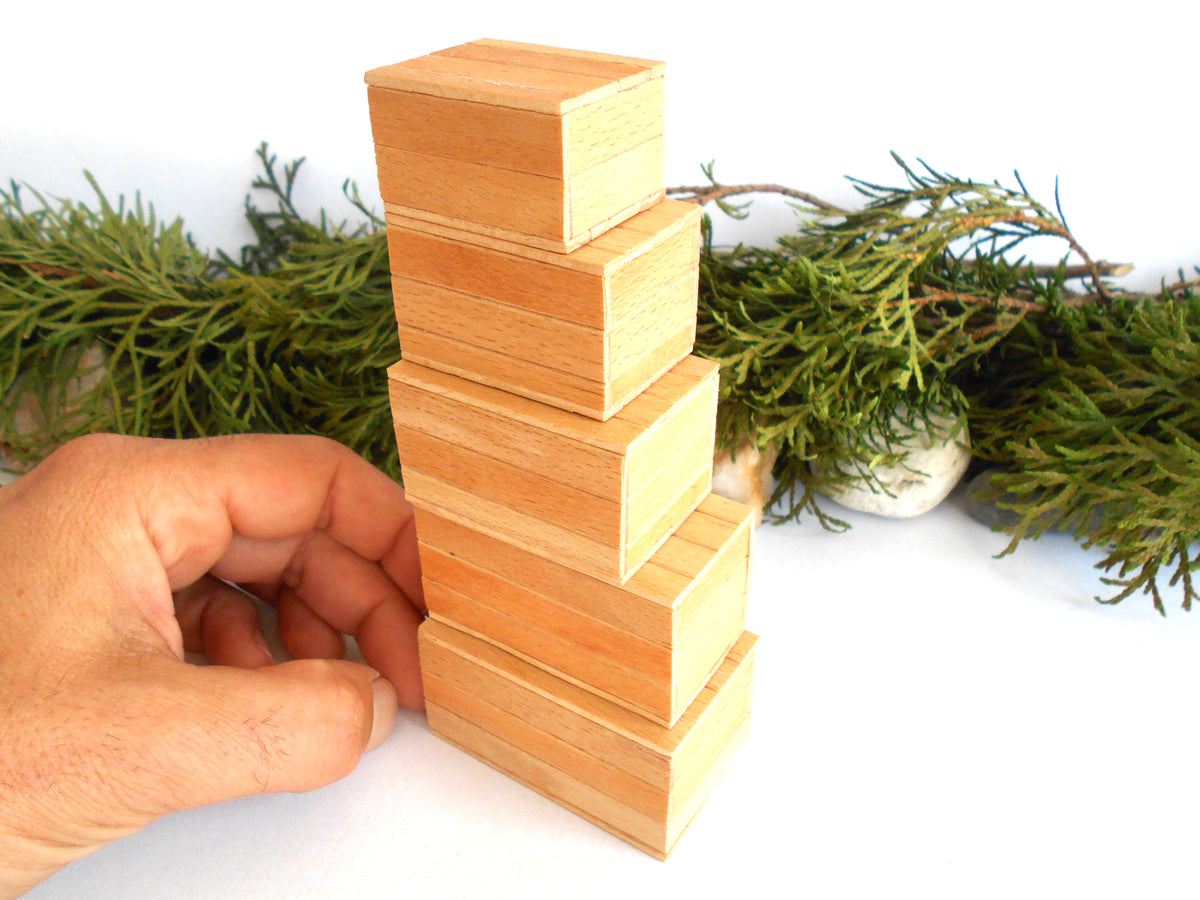 A hand is holding a stack of five stacked wooden miniature boxes , which are made of light-colored wood with a visible grain. The background is white with a decorative green garland.