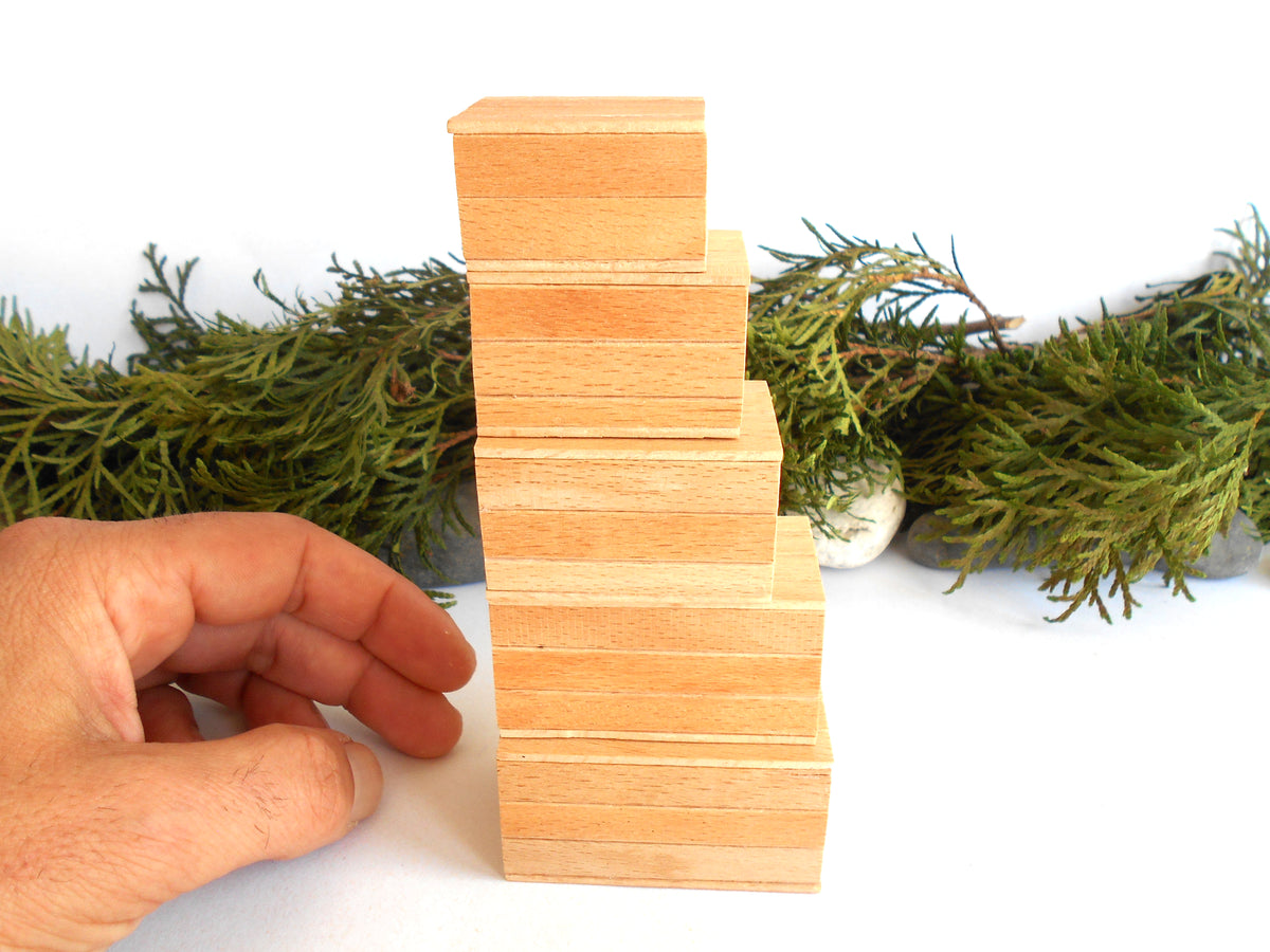 A hand is holding a stack of nine small, light-colored wooden miniature boxes arranged in a descending staircase pattern, with green foliage in the background against a white surface.