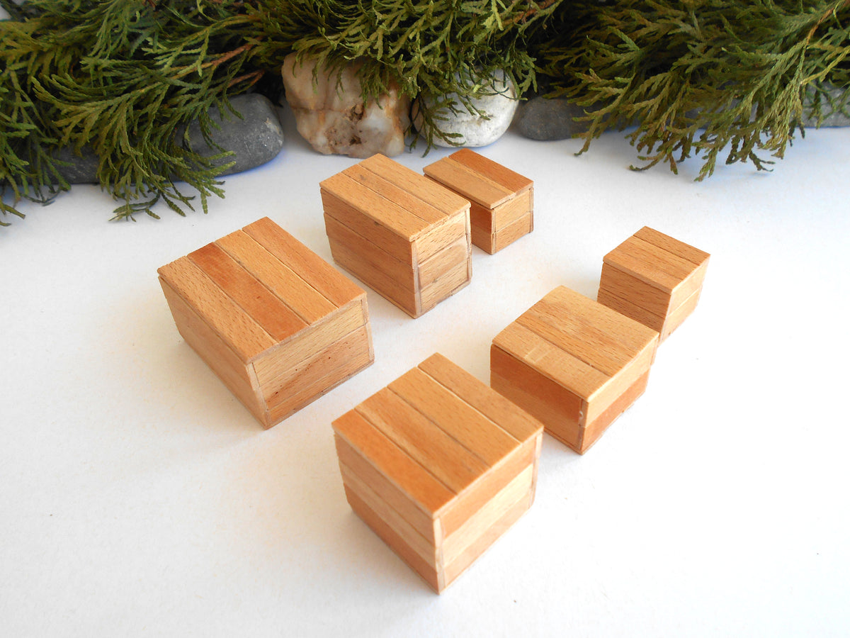 1:12 scale miniature keepsake boxes set of 6 - dollhouse miniature crates with lids - rustic / unfinished miniature wooden crates-  Set Number 34