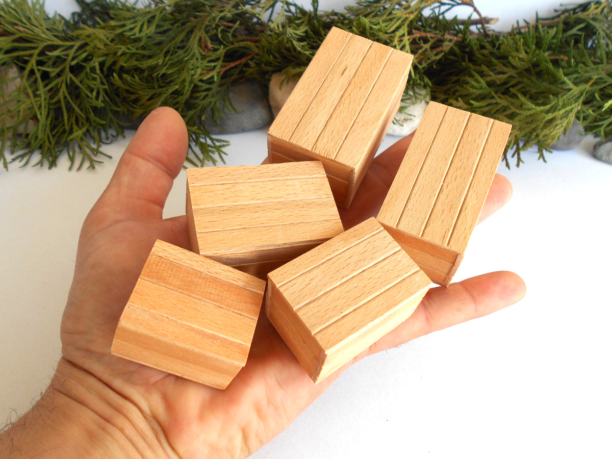 Five small rectangular wooden miniature boxes with grooved sides are held in a person's hand against a white background with green foliage at the top.