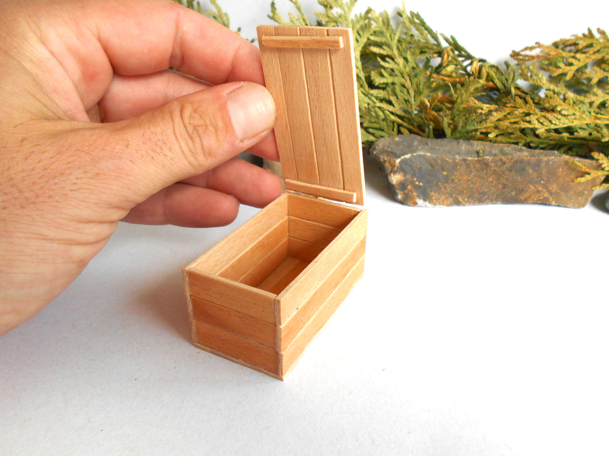 A miniature light wood box with an open hinged lid, held by a hand to show scale, with a white background and decorative greenery in the distance.