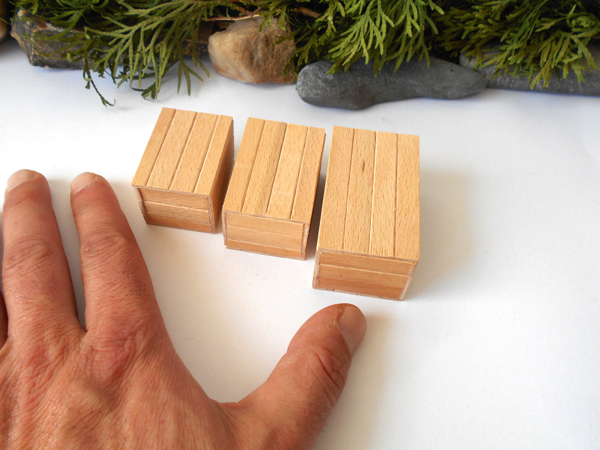 Three miniature wooden block structures with vertical plank details, shown next to a human hand for scale on a white surface with decorative greenery in the background.