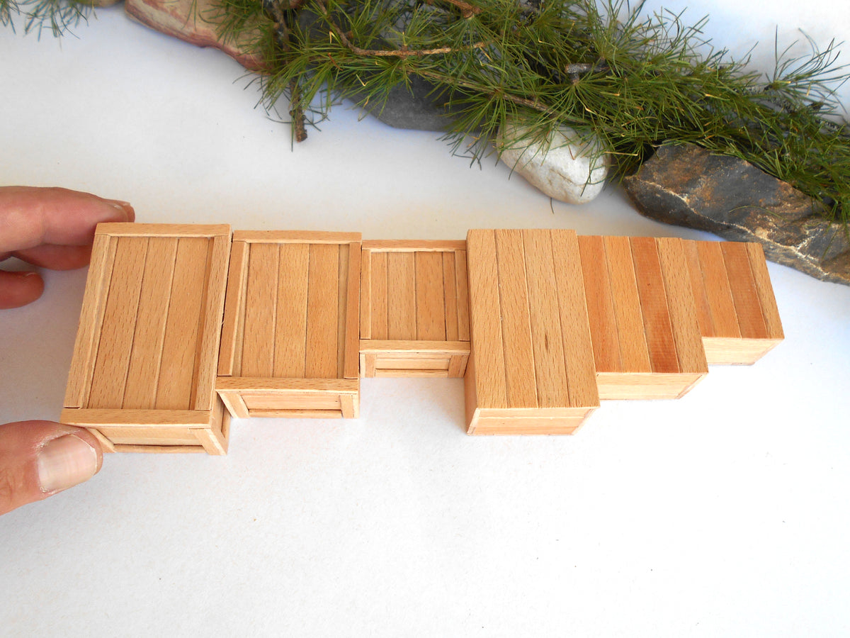 A set of miniature wooden steps or blocks made from light-colored wood, held by a person's fingers on a white surface with decorative greenery in the background.