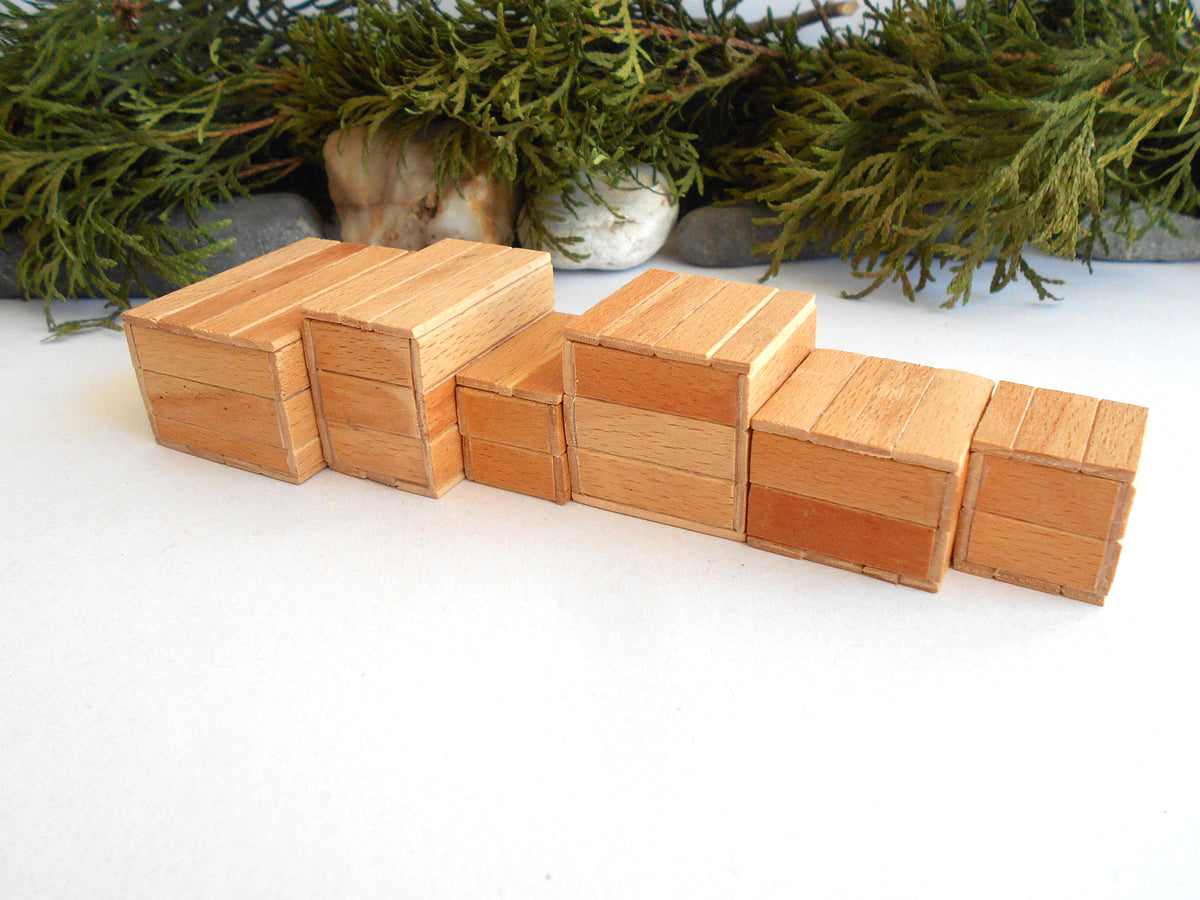 1:12 scale miniature keepsake boxes set of 6 - dollhouse miniature crates with lids - rustic / unfinished miniature wooden crates-  Set Number 34