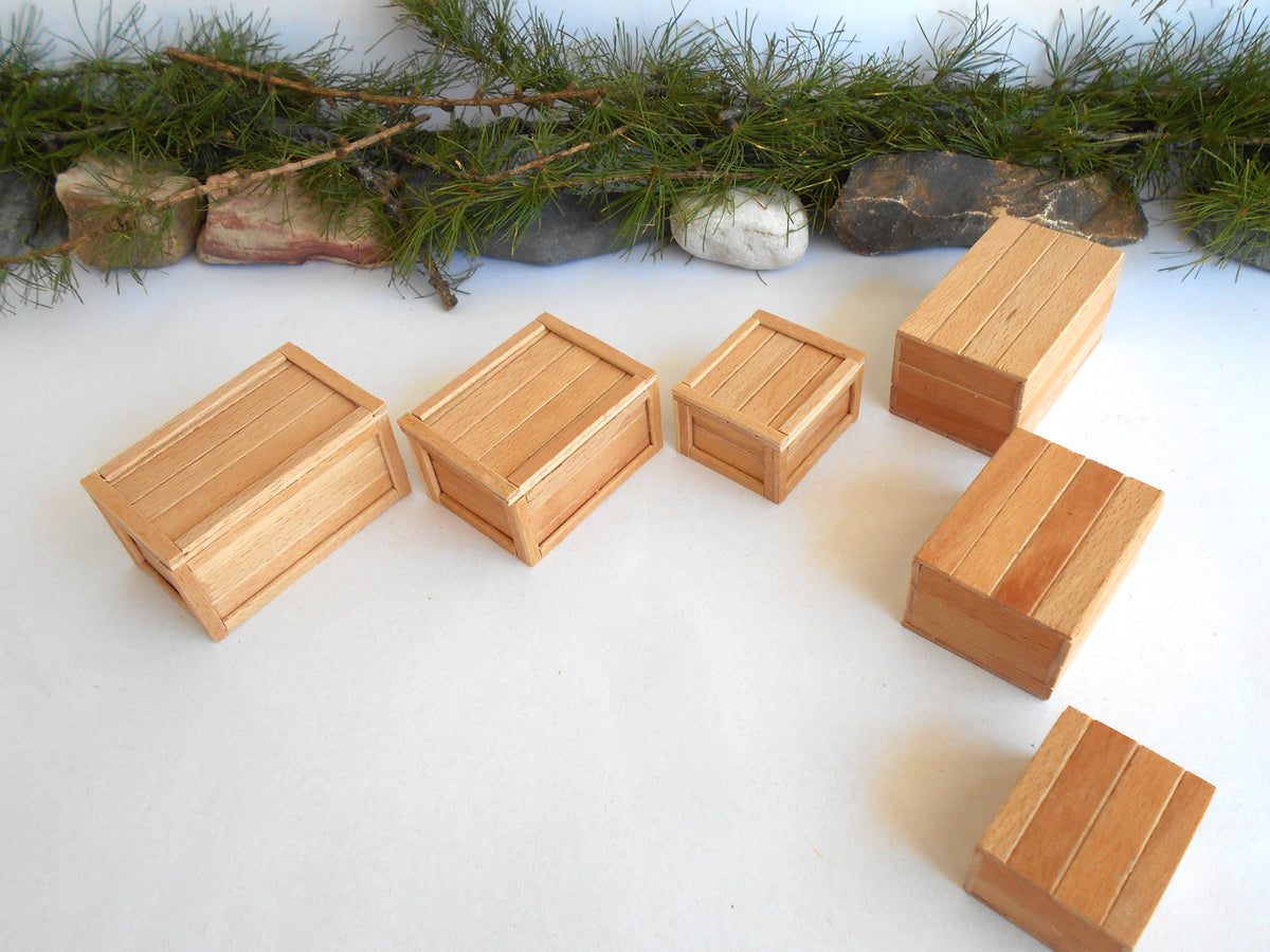 Six small natural wood boxes of different sizes arranged on a white surface with green pine branches and stones along the top edge.