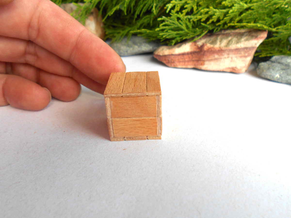 A miniature light brown wooden crate or box being held by a person's hand, set against a white surface with blurred green foliage and rocks in the background.