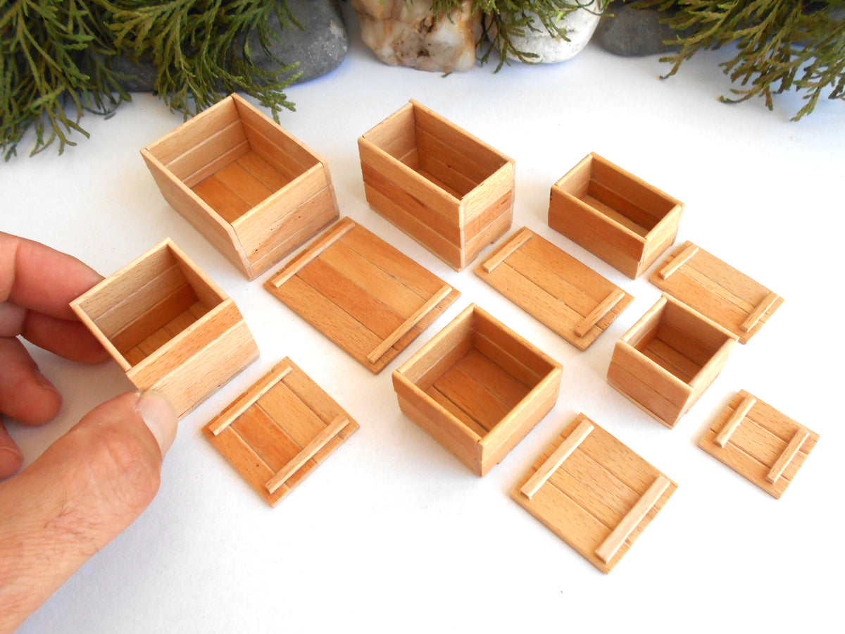1:12 scale miniature keepsake boxes set of 6 - dollhouse miniature crates with lids - rustic / unfinished miniature wooden crates-  Set Number 34