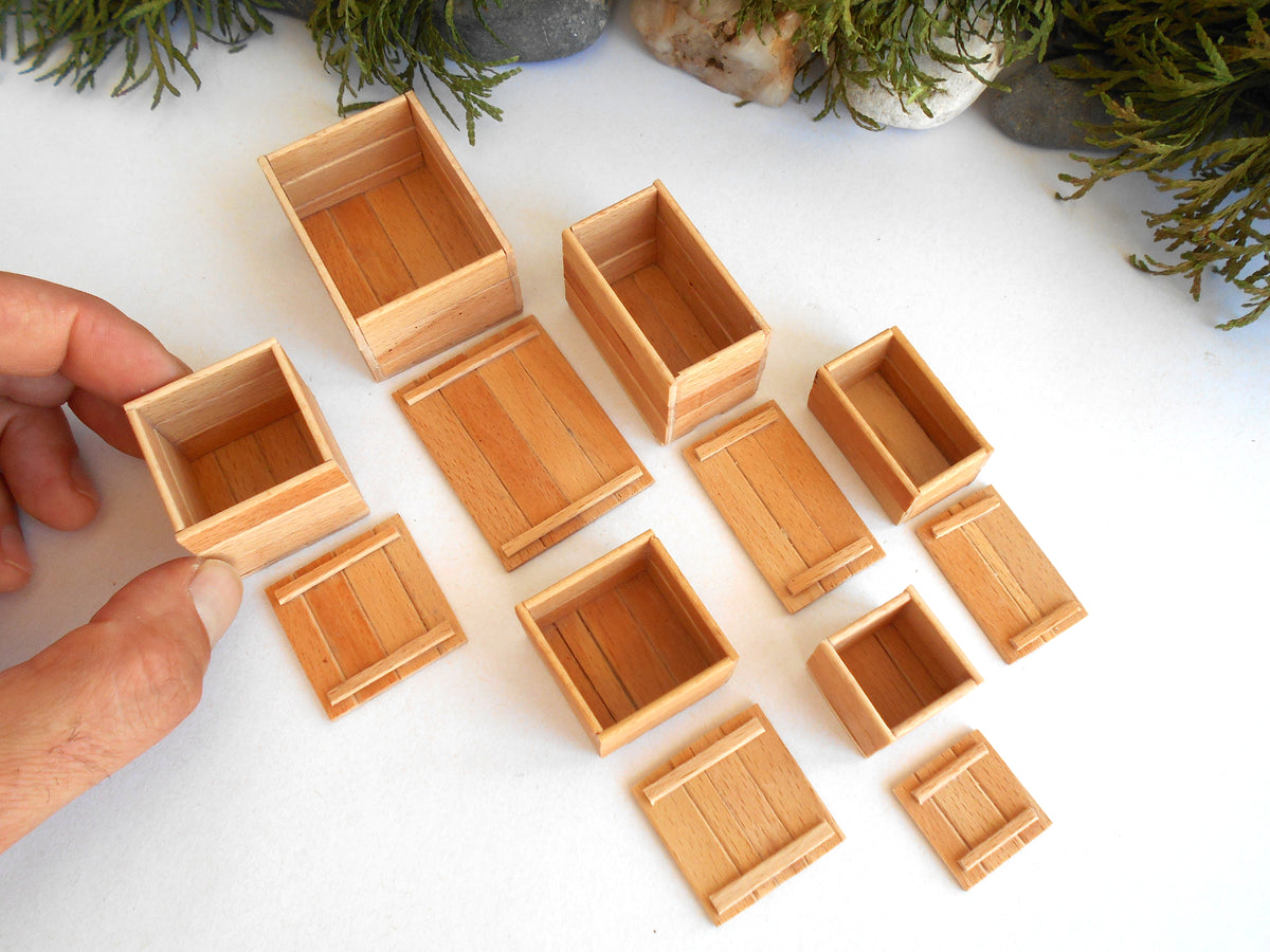 1:12 scale miniature keepsake boxes set of 6 - dollhouse miniature crates with lids - rustic / unfinished miniature wooden crates-  Set Number 34