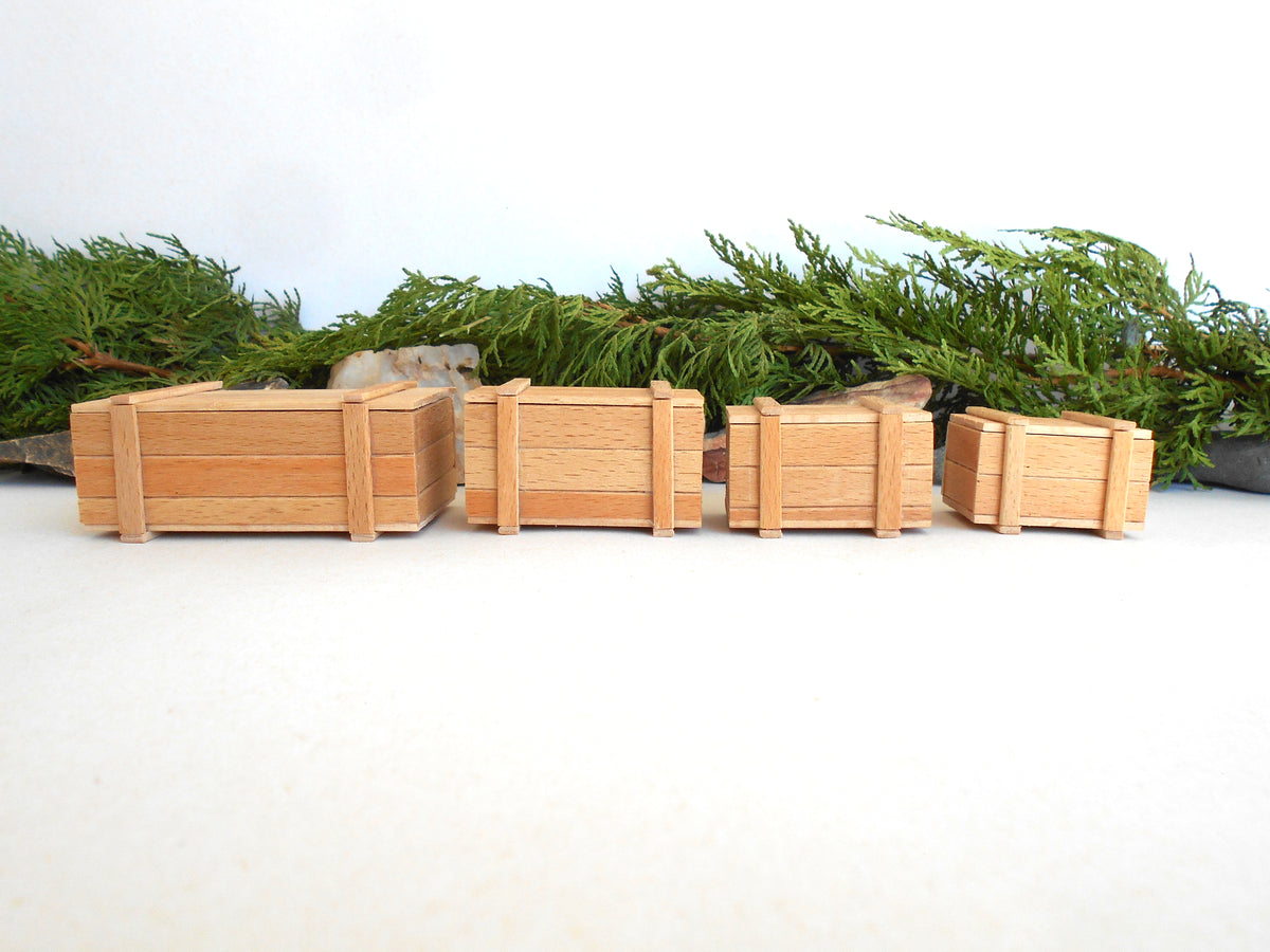 Four small wooden crates or boxes arranged in a row on a light surface, with green foliage behind them against a plain white background.