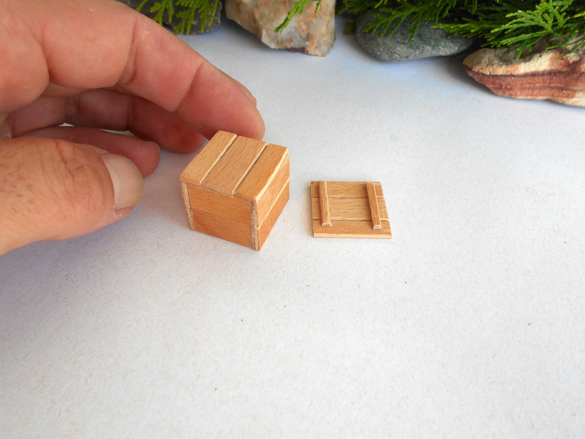A miniature wooden crate box and its matching lid, shown next to a human hand for scale on a white surface with small rocks in the background.