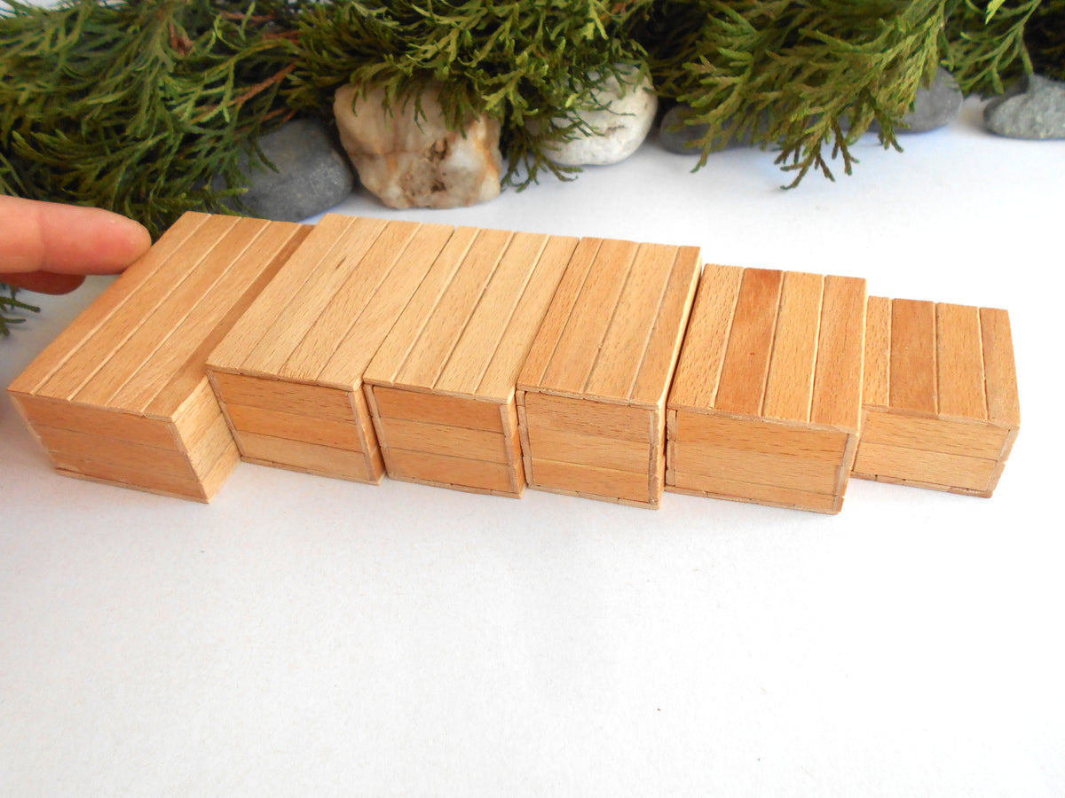 A set of small rectangular wooden miniature boxes or tiles in varying sizes, arranged in a row on a white surface with green foliage and stones in the background. A finger is visible on the left edge holding one of the blocks.
