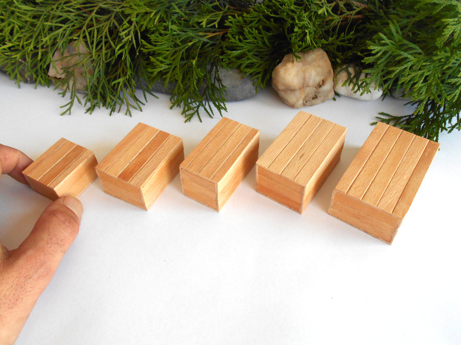 Five small rectangular wooden blocks with grooved sides, arranged in ascending size order on a white surface with green foliage and stones in the background. A hand is visible holding the smallest block on the left.