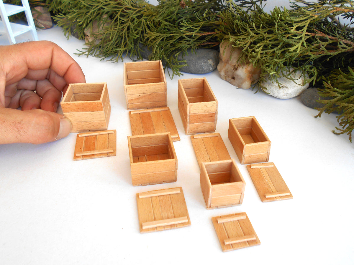1:12 scale miniature keepsake boxes set of 6 - dollhouse miniature crates with lids - rustic / unfinished miniature wooden crates-  Set Number 34