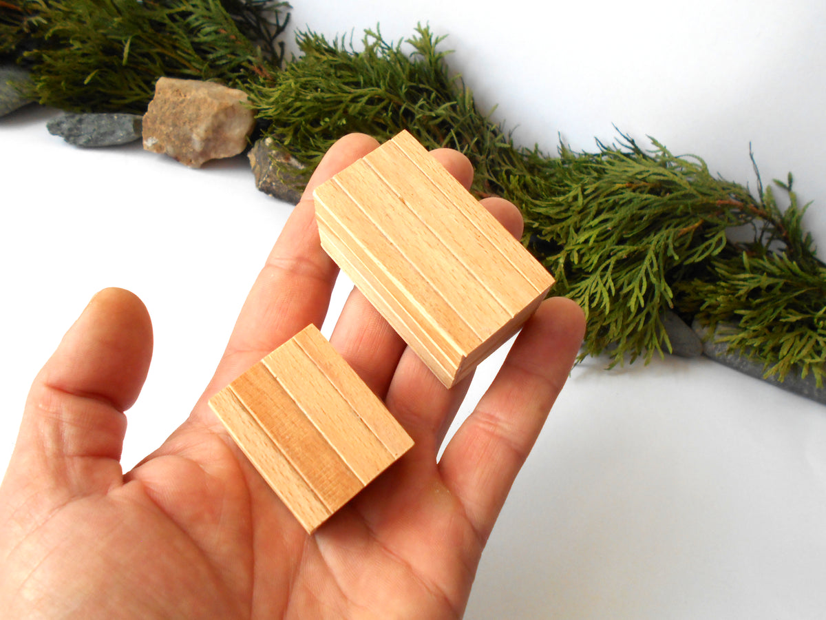 A hand holding two small rectangular wooden blocks with a ribbed texture, set against a white background with green foliage and small rocks in the distance.