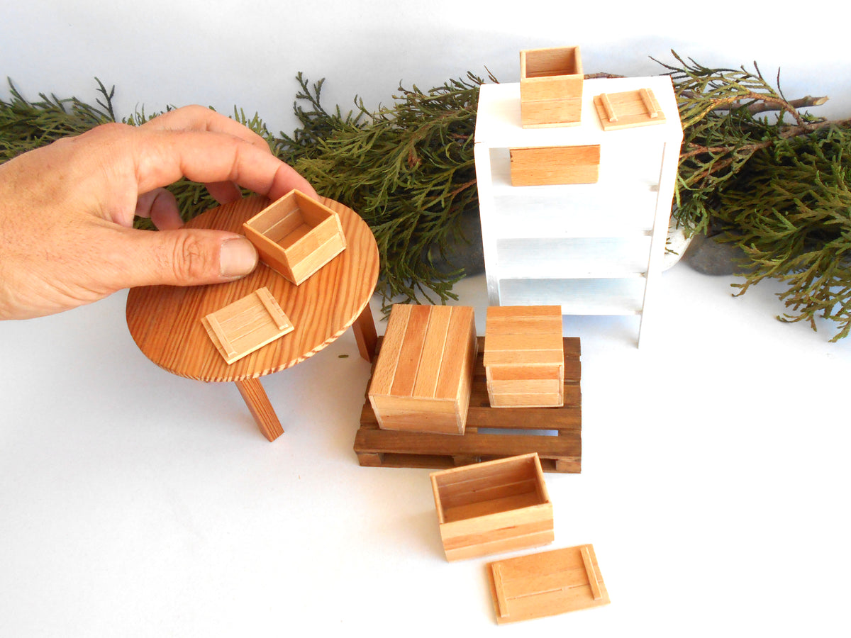 1:12 scale miniature keepsake boxes set of 6 - dollhouse miniature crates with lids - rustic / unfinished miniature wooden crates-  Set Number 34