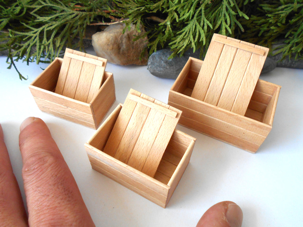 Four miniature light wood boxes with slatted sides and hinged lids, shown on a white surface with a hand for scale and greenery in the background.