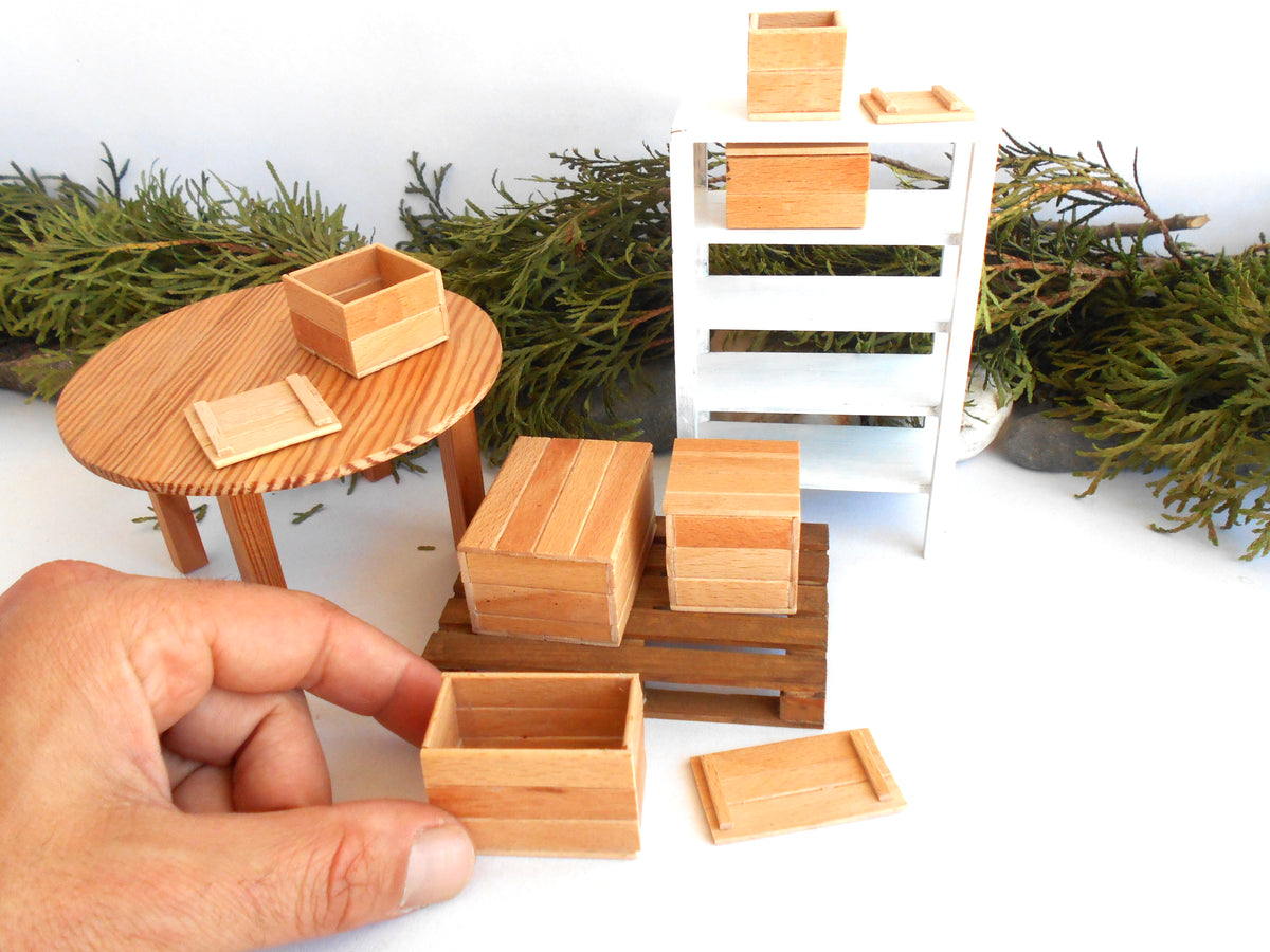 1:12 scale miniature keepsake boxes set of 6 - dollhouse miniature crates with lids - rustic / unfinished miniature wooden crates-  Set Number 34