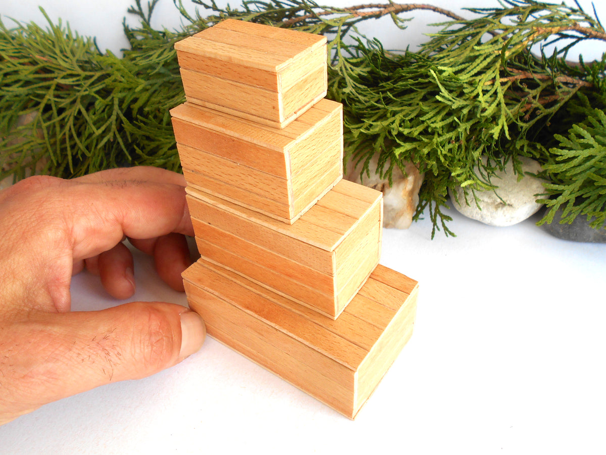A hand is holding a stack of five nested, handcrafted wooden boxes with a natural light oak finish, set against a white background with green foliage.