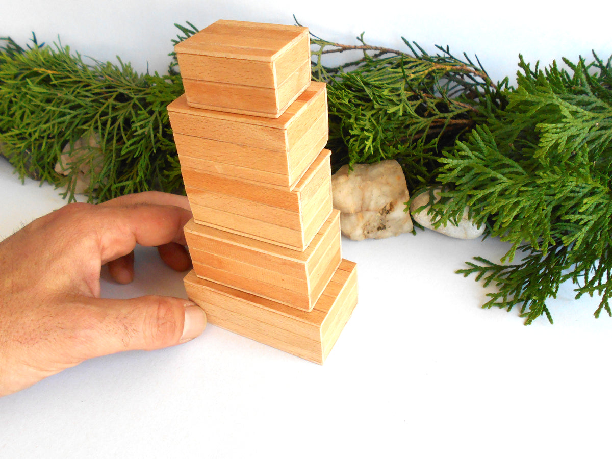 A hand is balancing a stack of five handcrafted light-colored wooden blocks, with green pine branches and small stones in the background against a white surface.