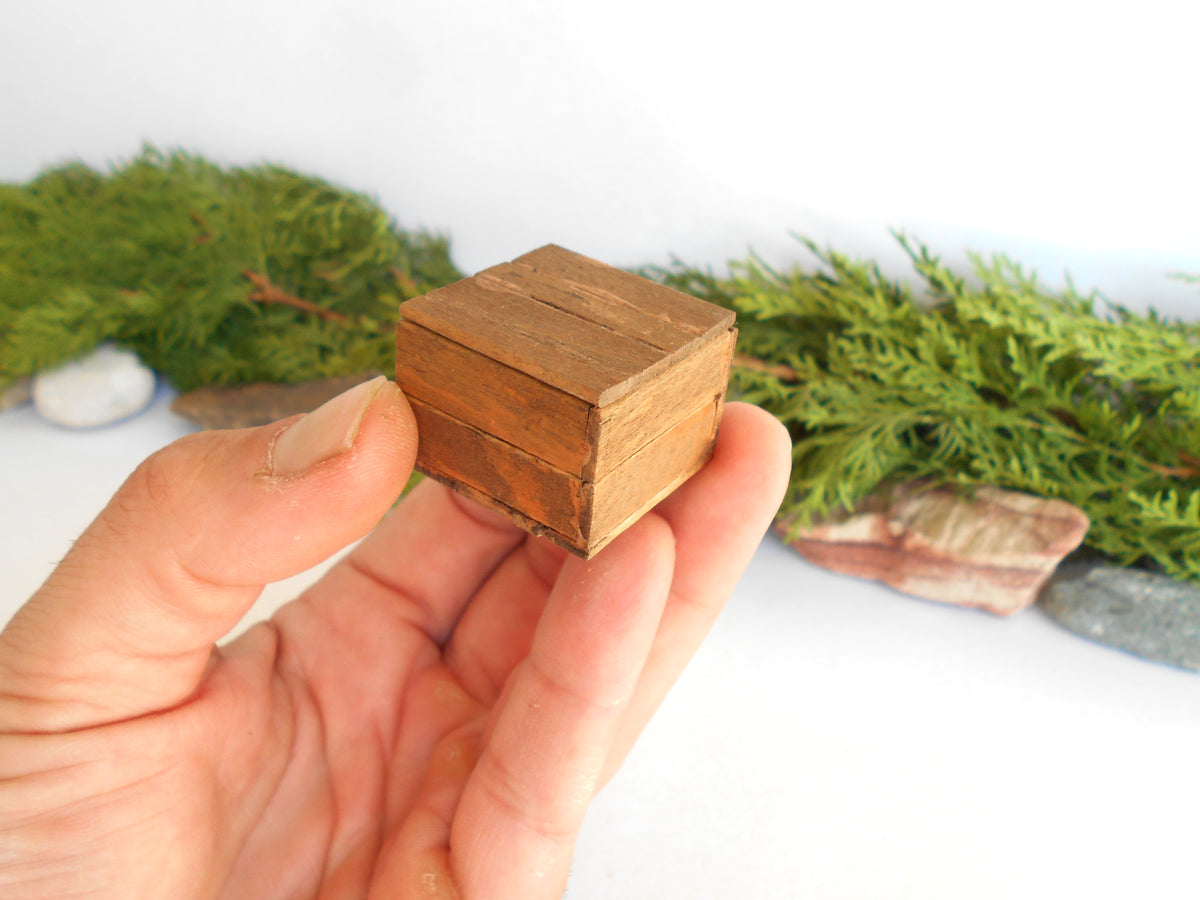 A hand holding a small square wooden box with a lid, shown against a white background with blurred greenery and stones.