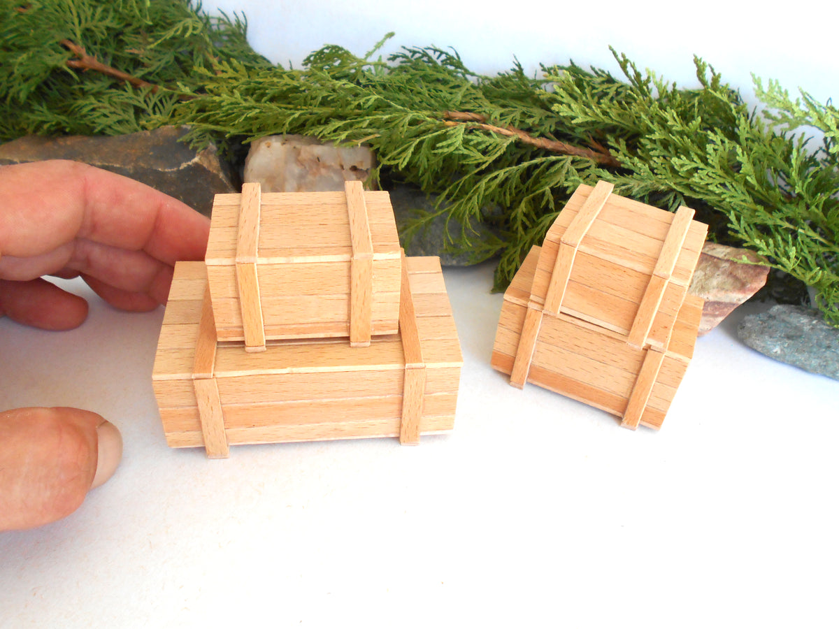 Two miniature light wood crates with banding straps, shown on a white surface with green foliage and rocks in the background. A human hand is visible on the left holding one of the crates.