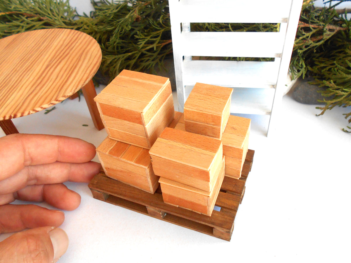 1:12 scale miniature keepsake boxes set of 6 - dollhouse miniature crates with lids - rustic / unfinished miniature wooden crates-  Set Number 34