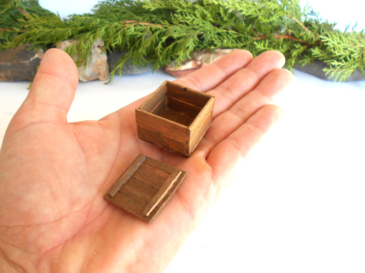 A miniature wooden box and its lid displayed on an open hand to show scale, with green foliage in the background.