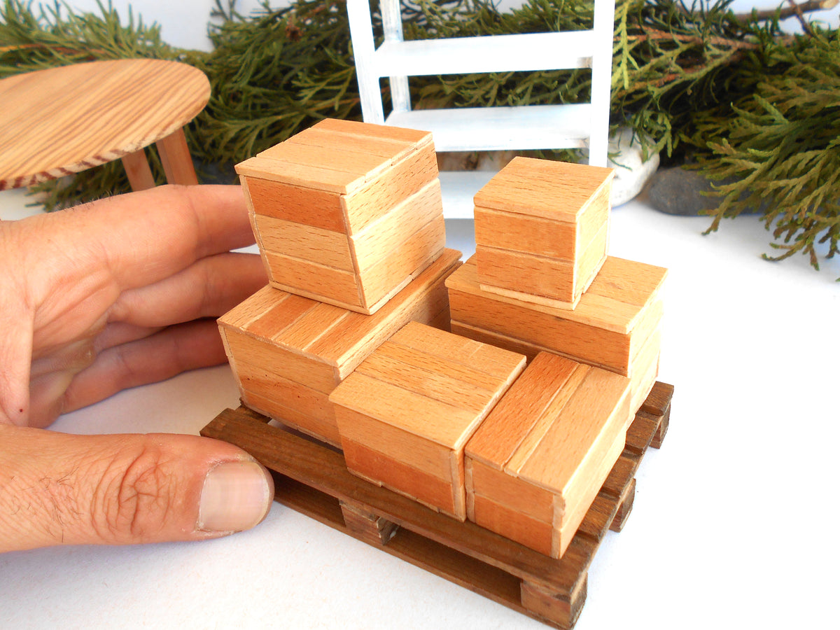 1:12 scale miniature keepsake boxes set of 6 - dollhouse miniature crates with lids - rustic / unfinished miniature wooden crates-  Set Number 34