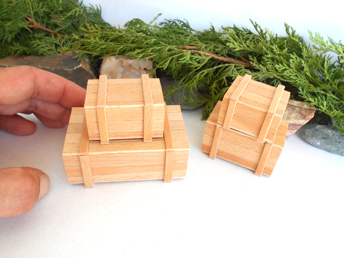 Two miniature light wood crates, one stacked and one standing, shown on a white surface with green foliage and rocks in the background. A human hand is visible on the left holding the stack to show scale.