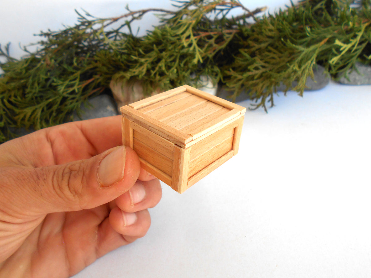 A hand holding a miniature light wood box, shown close-up against a white background with blurred green foliage.