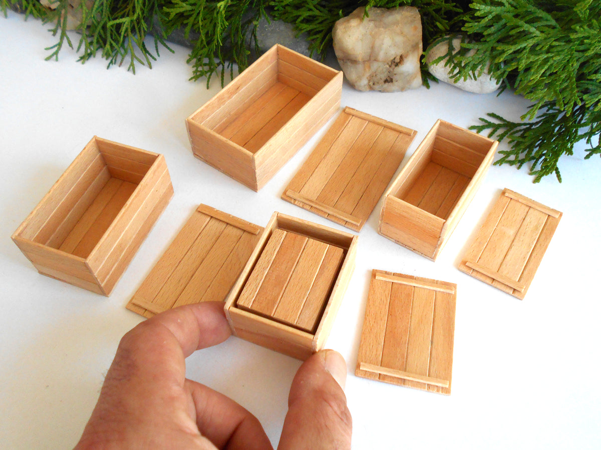 A set of miniature light wood boxes and lids, with a hand holding one of the small boxes to show scale, arranged on a white surface with green foliage in the background.