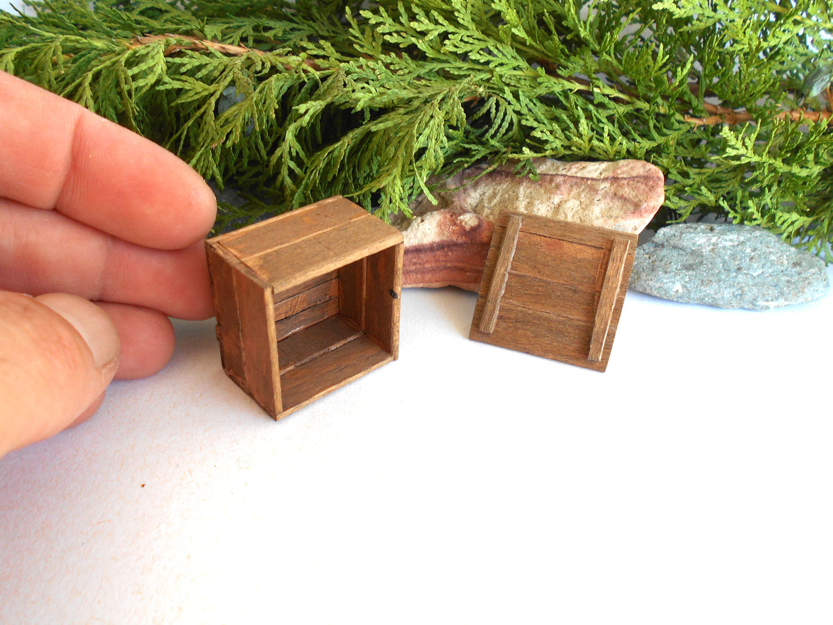 Two miniature brown wooden crates shown next to a person's hand for scale, with green foliage and small rocks in the background.