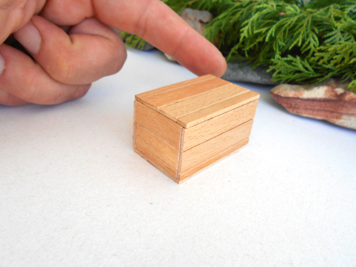 A miniature wooden box with a lid, shown on a white surface with a person's finger pointing at it for scale, and green foliage in the background.