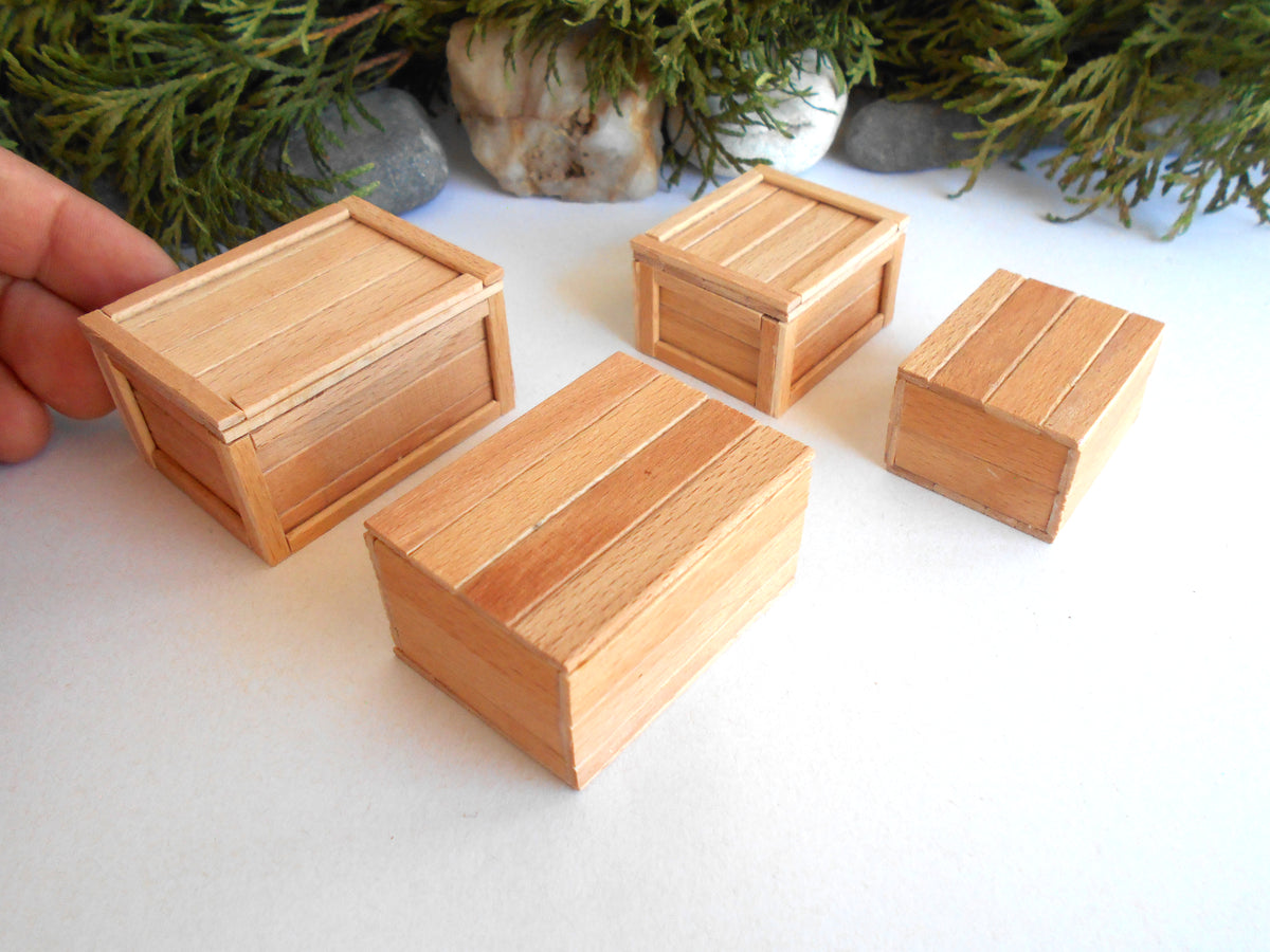 Four small natural wood boxes of different sizes arranged on a white surface, with a hand holding one box for scale and greenery in the background.